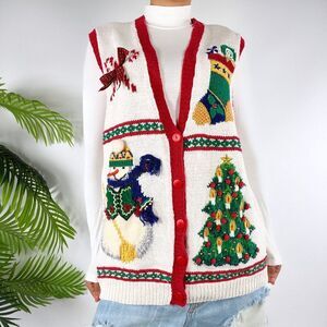 Vintage White Cottagecore Ugly Christmas Sweater Grandmacore Cardigan Vest / M
